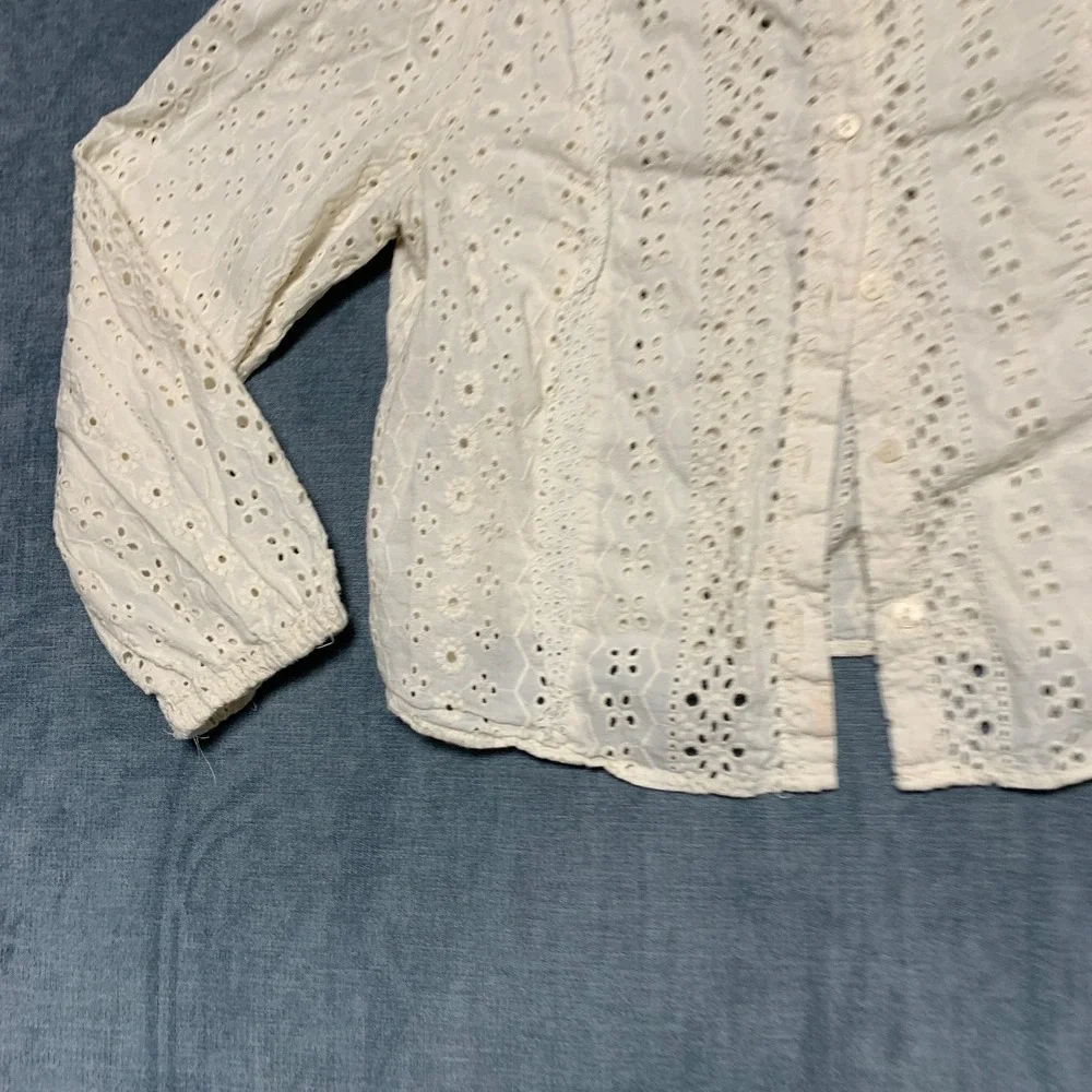 Zara Eyelet Blouse Top Womens Medium Beige Classic Balloon Sleeve Button Front